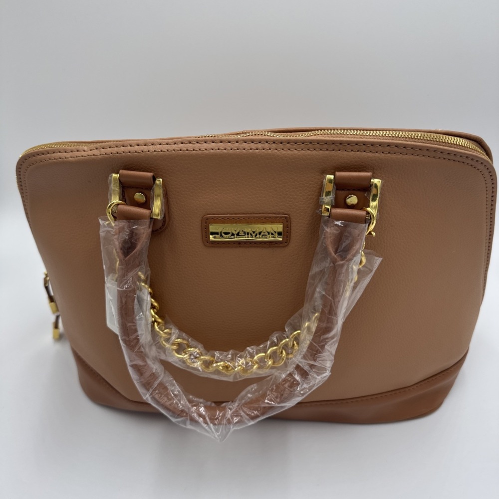 JOY & IMAN Tan Satchel Handbag Built-In Watch Gold Chain Mirror New Old Stock
